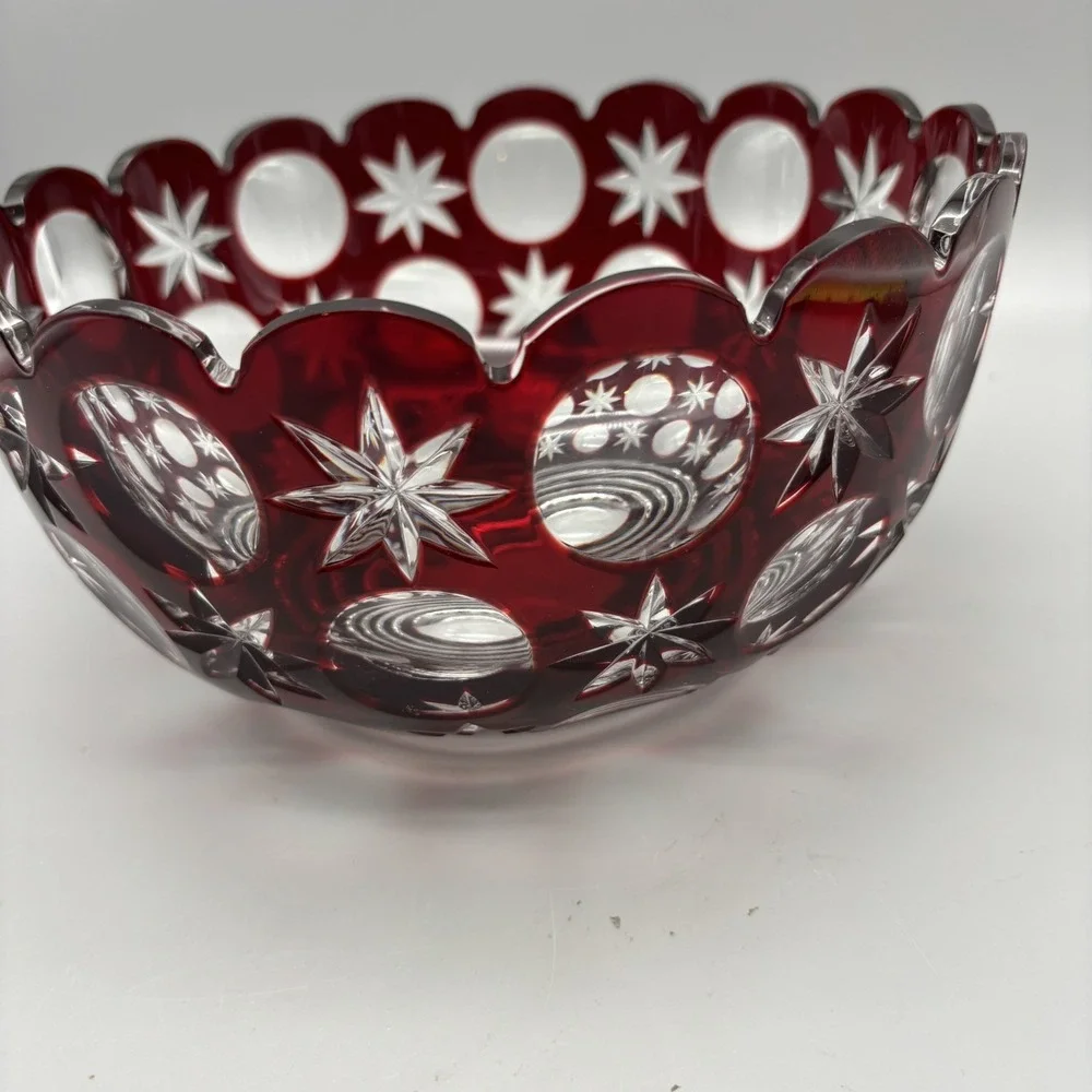Vintage Bohemian Hand Cut Crystal Glass Ruby to‎ Clear bowl SIGNED 8.75